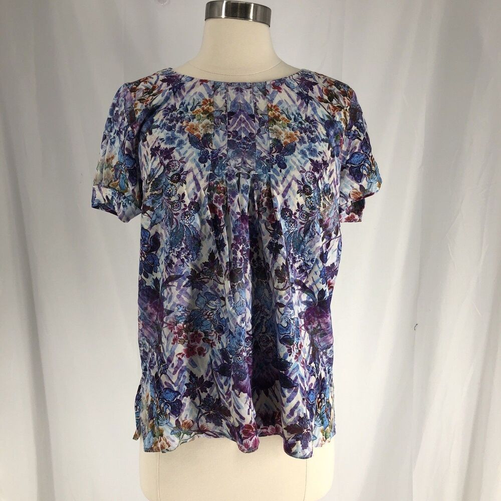 Soft Surroundings Womens Small Floral Paisley Pintuck Short Sleeve Top